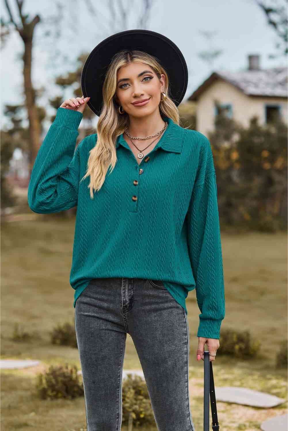 Collared Neck Long Sleeve Blouse Teal