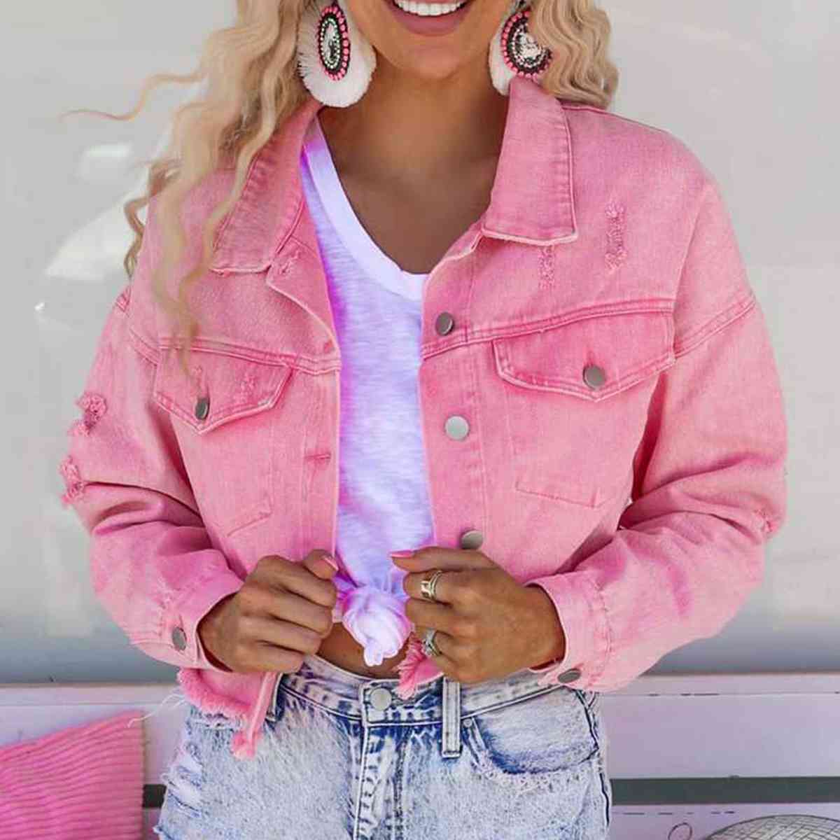 Star Raw Hem Fringe Detail Denim Jacket Carnation Pink