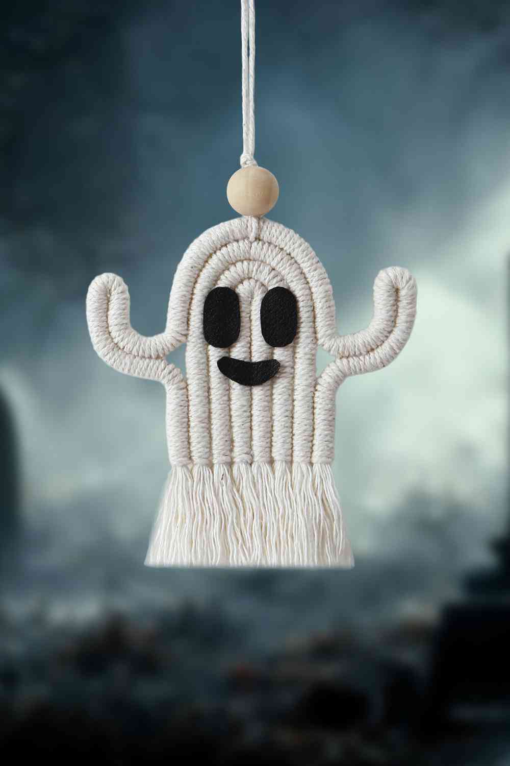 Wood Bead Fringe Ghost Shape Macrame Key Chain Ivory One Size