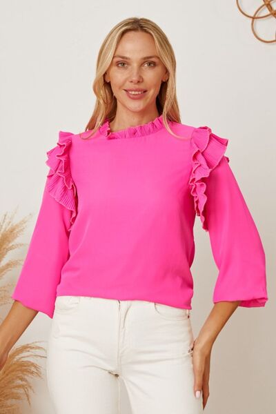 Frill Ruffled Three-Quarter Sleeve Blouse Hot Pink