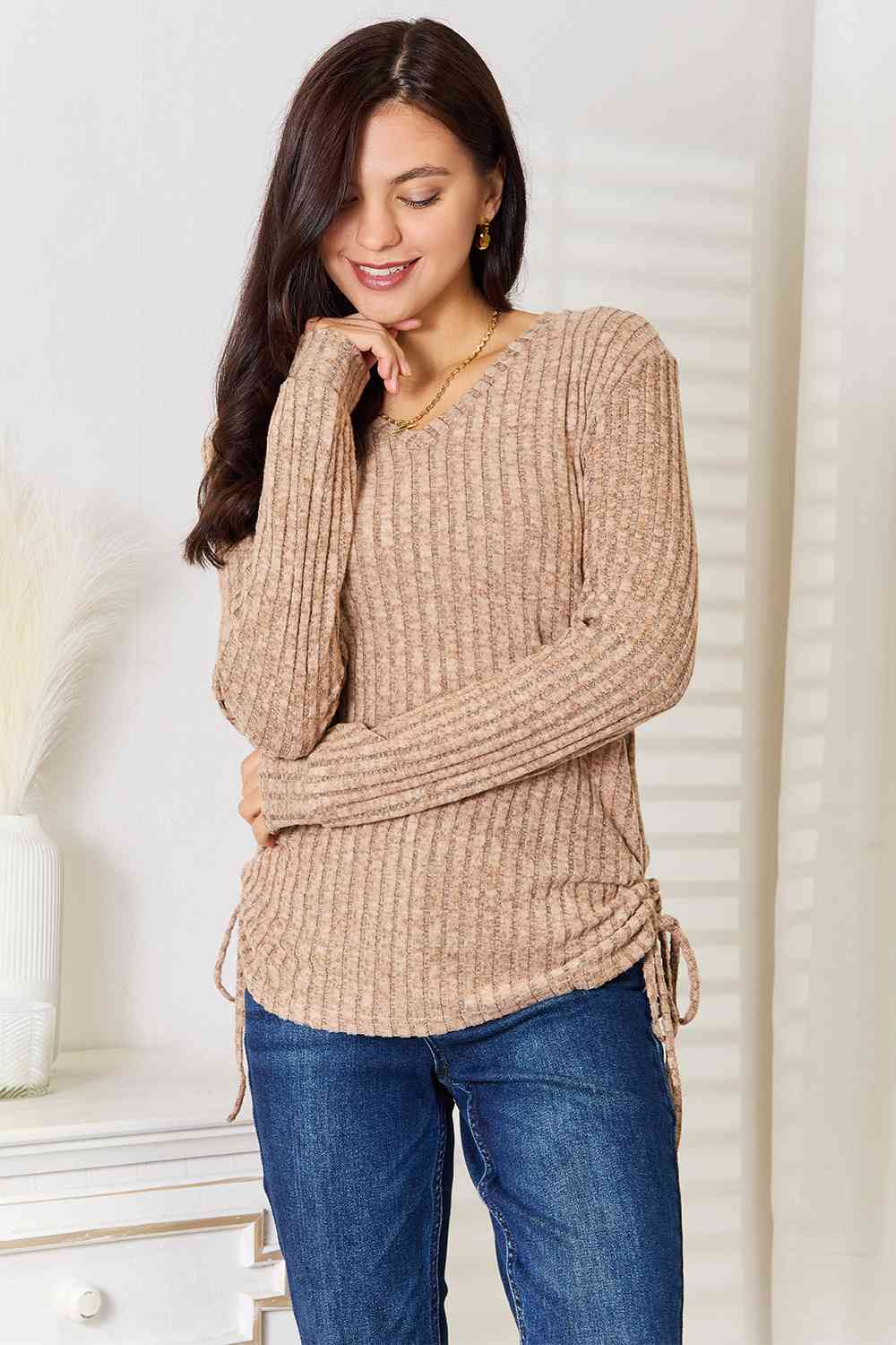 Double Take Drawstring Ribbed Long Sleeve T-Shirt Tan