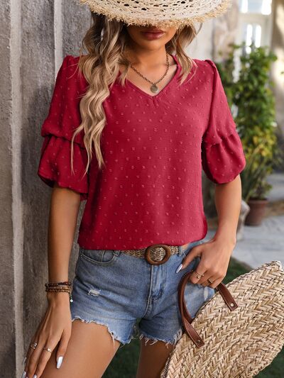 Swiss Dot V-Neck Short Sleeve Blouse Wine