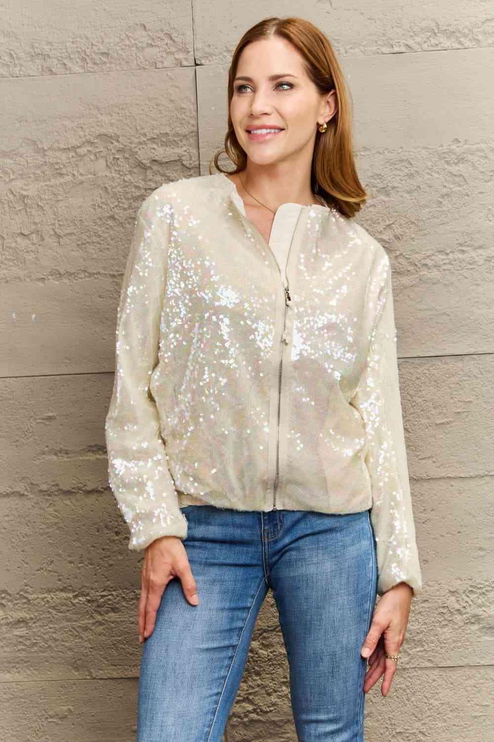 Sequin Zip-Up Jacket Beige