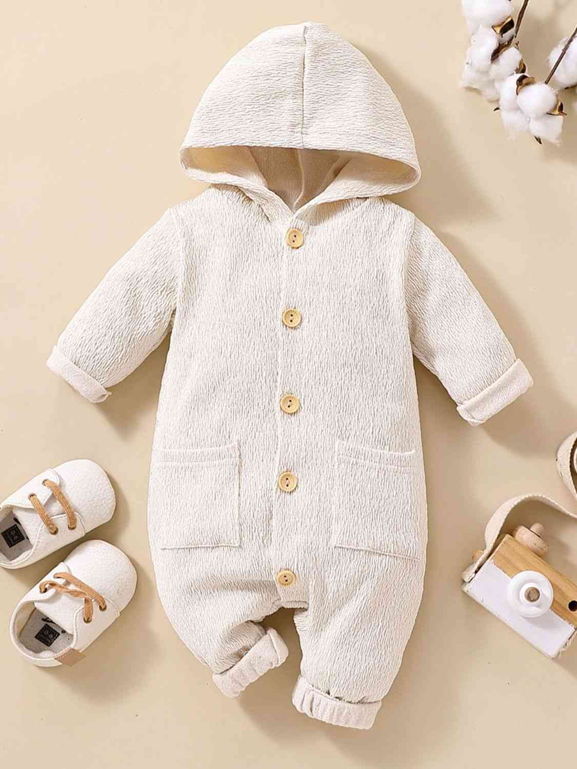 Baby Textured Button Front Hooded Jumpsuit with Pockets White