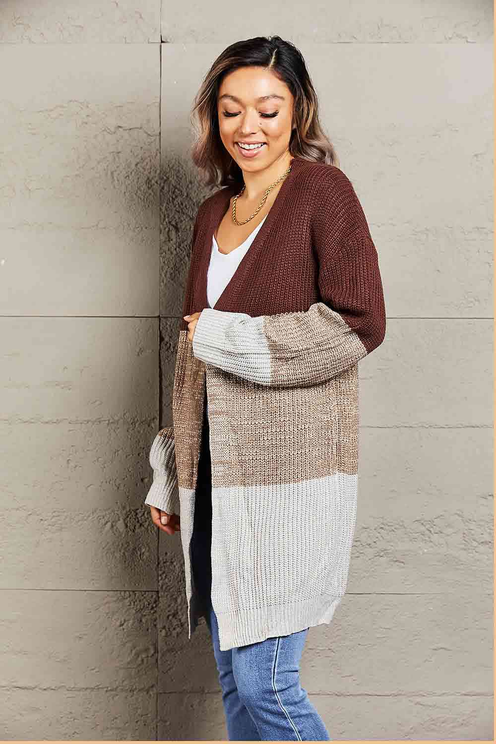 Woven Right Color Block Open Front Rib-Knit Longline Cardigan