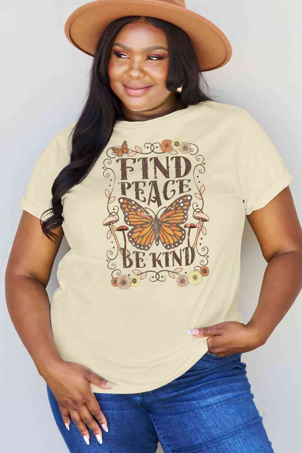 Simply Love Full Size FIND PEACE BE KIND Graphic Cotton T-Shirt Ivory