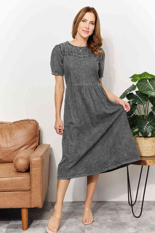 And The Why Full Size Washed Chambray Midi Dress Charcoal