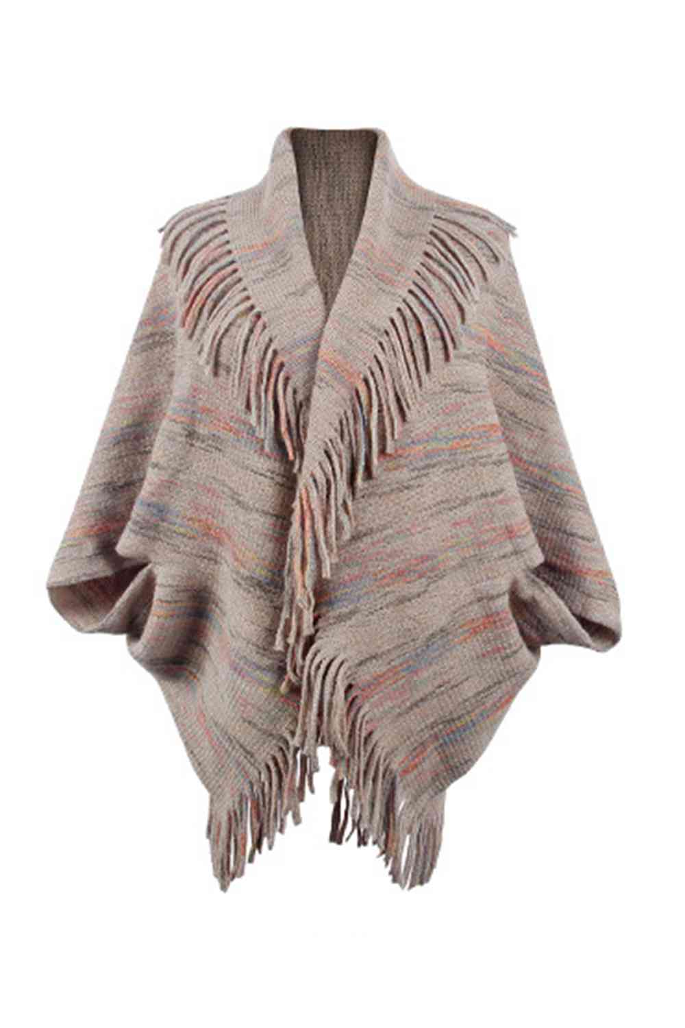 Fringe Detail Printed Poncho Khaki One Size