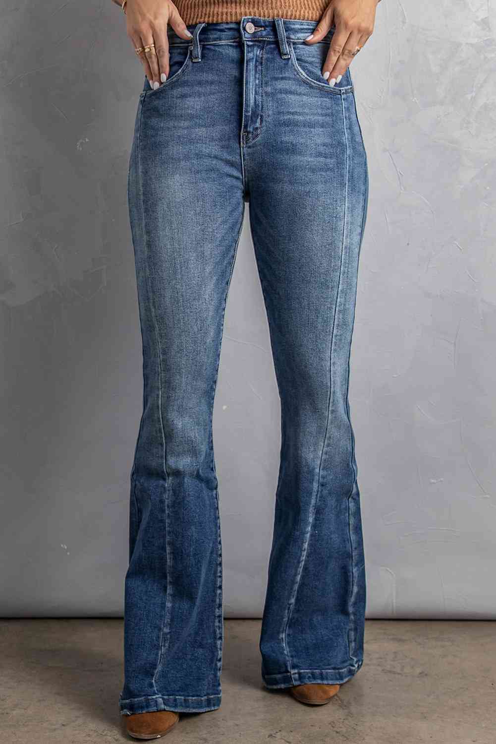 Baeful High Waist Flare Jeans with Pockets Dark Wash