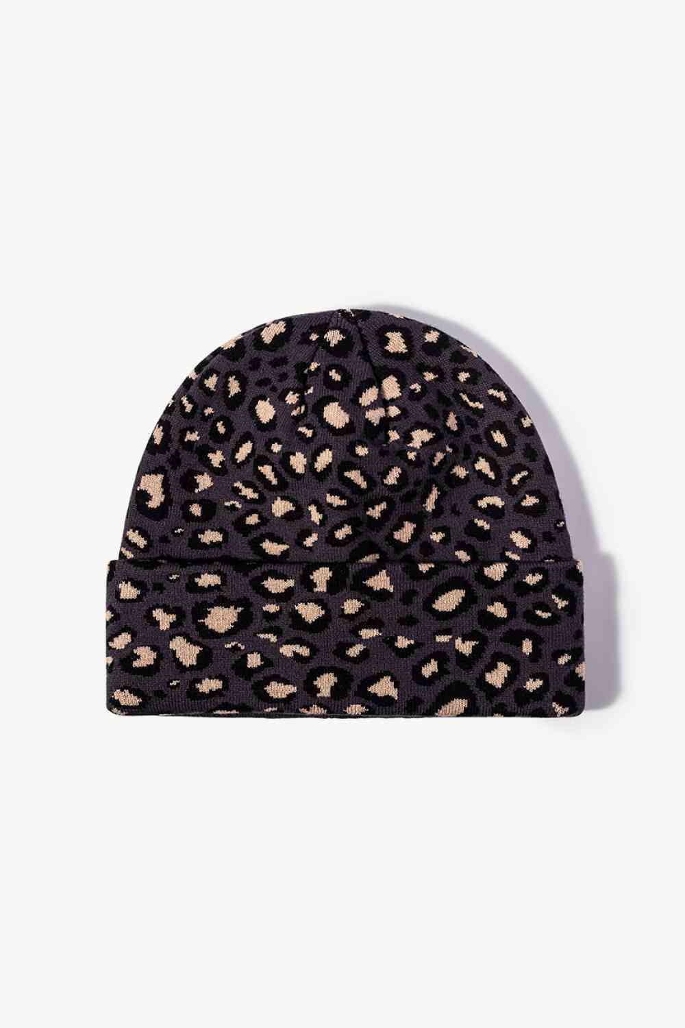 Leopard Pattern Cuffed Beanie Dark Gray One Size