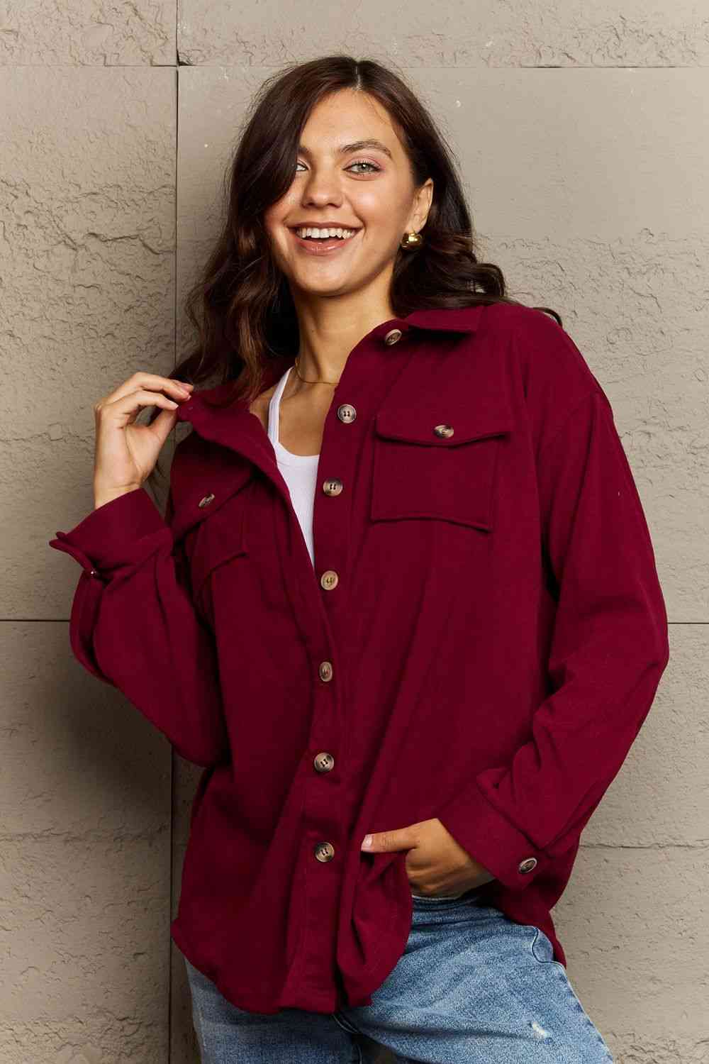 Ninexis Collared Neck Buttoned Front Pocket Jacket Wine