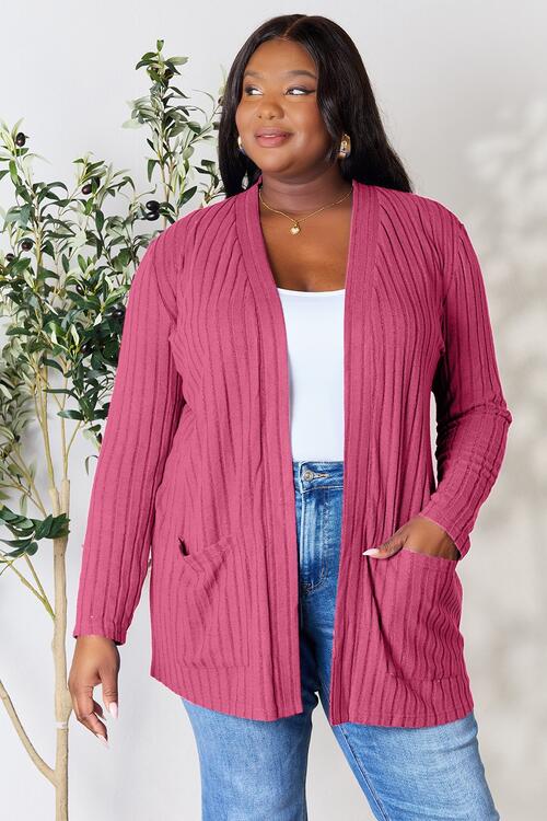 Basic Bae Full Size Ribbed Open Front Cardigan with Pockets Fuchsia Pink