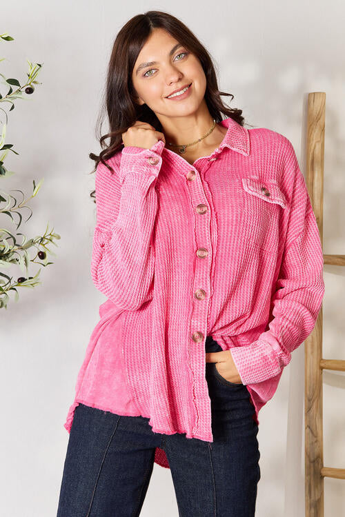 Zenana Waffle-Knit Button Up Collared Neck Shirt Fuchsia