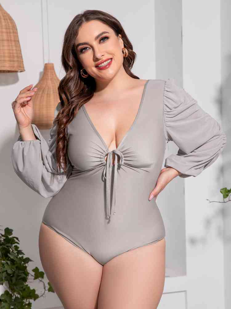 Plus Size Tied Deep V Balloon Sleeve One-Piece Swimsuit Light Gray
