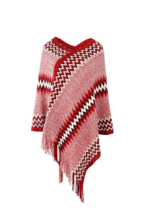 Fringe Hem Striped Cape Sleeve Poncho Wine One Size