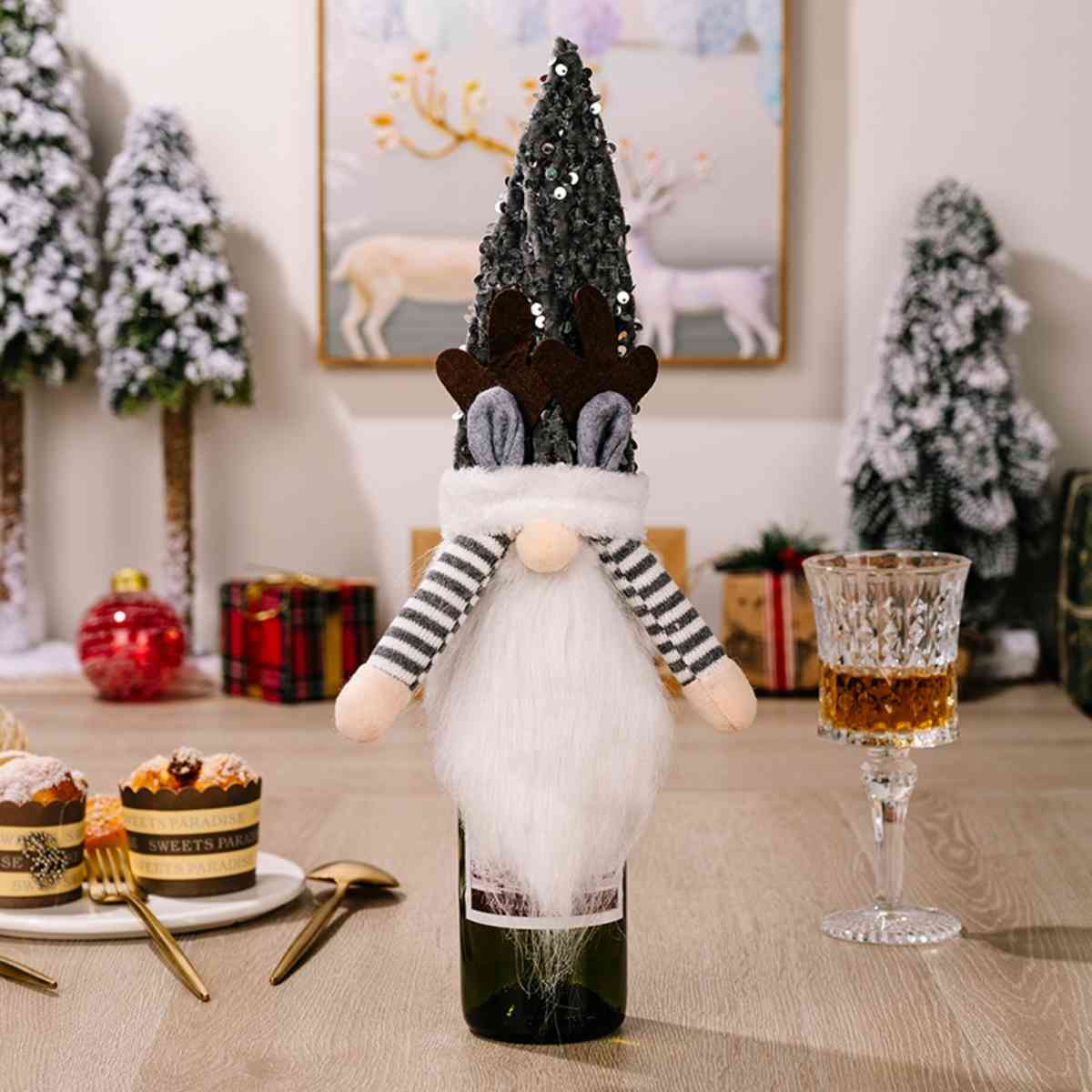 Sequin Pointed Hat Faceless Gnome Wine Bottle Cover Charcoal One Size