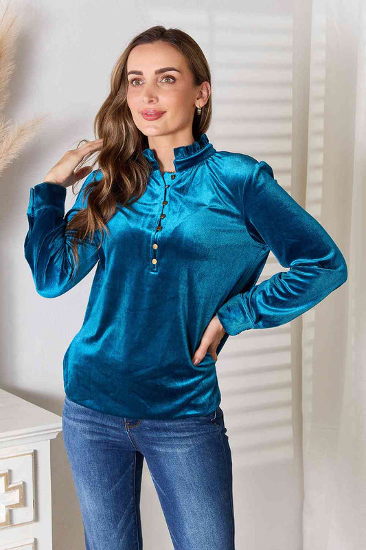 Double Take Notched Neck Buttoned Long Sleeve Blouse Turquoise