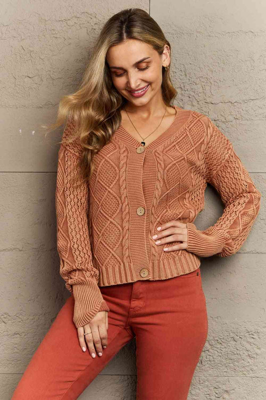HEYSON Soft Focus Full Size Wash Cable Knit Cardigan Brick Red