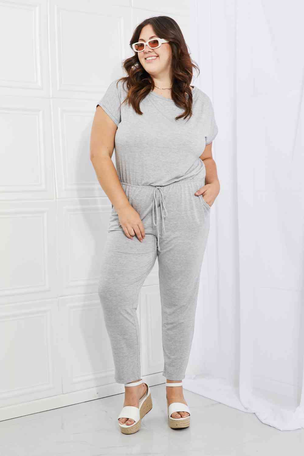 Culture Code Comfy Days Full Size Boat Neck Jumpsuit in Grey Mid Gray