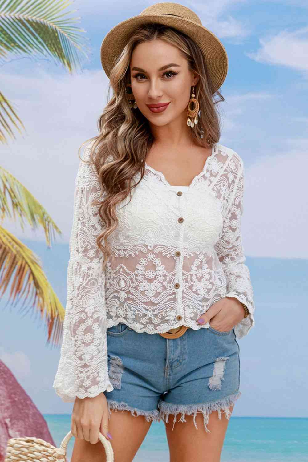 Buttoned Sheer Lace Cover Up White