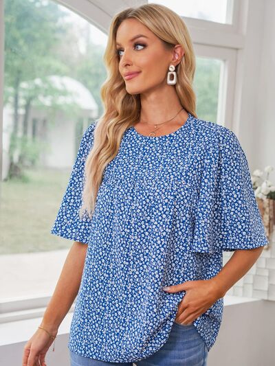 Floral Round Neck Half Sleeve Blouse Ultra marine