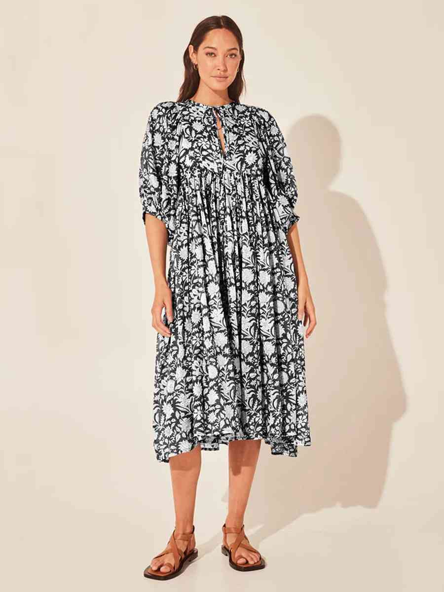 Floral Tie Neck Lantern Sleeve Dress Black