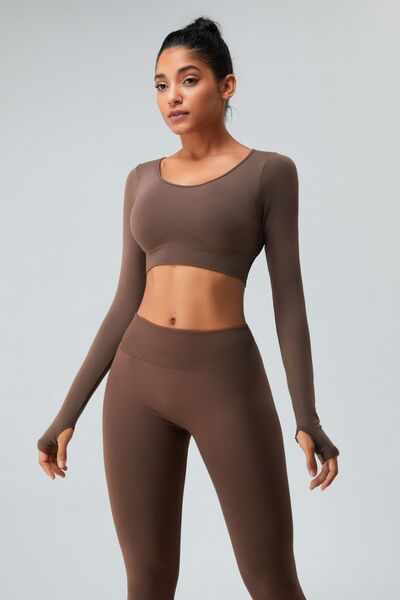 Cutout Round Neck Long Sleeve Active T-Shirt Chestnut