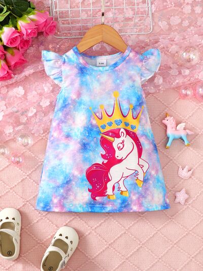 Unicorn Graphic Round Neck Ruffled Dress Multicolor