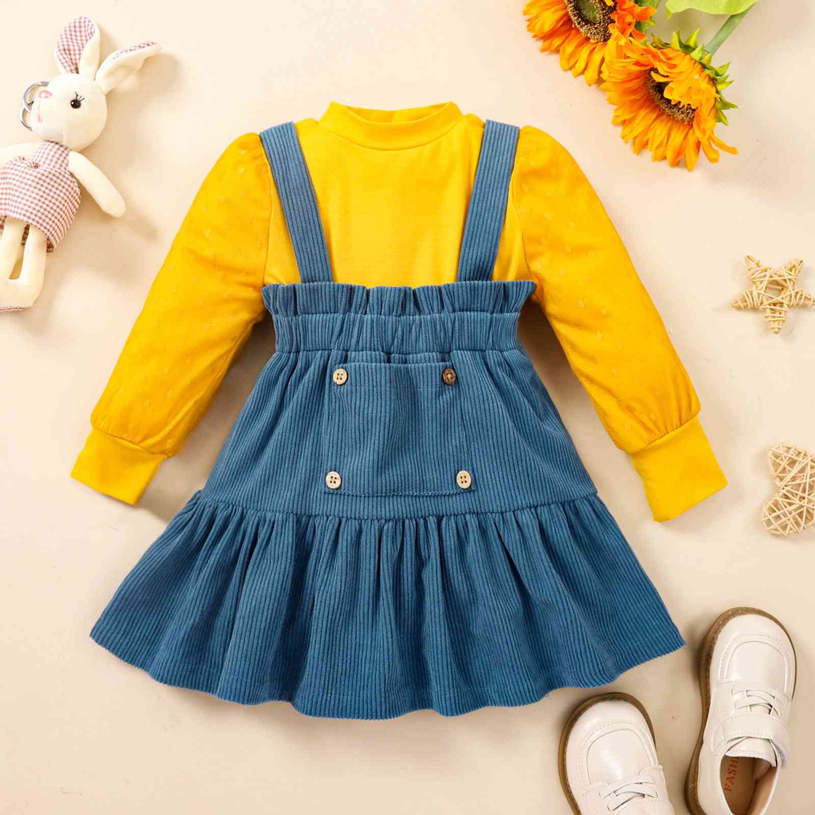 Puff Sleeve Round Neck Top and Buttoned Overall Dress Set Mustard