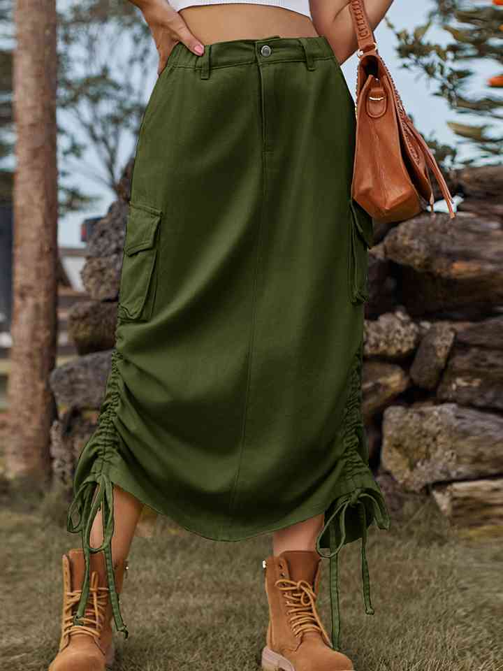 Drawstring Denim Skirt with Pockets Green