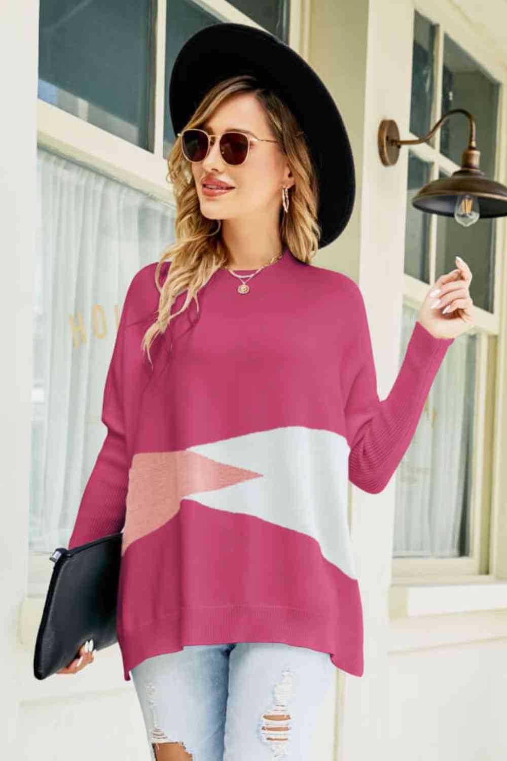 Woven Right Color Block Round Neck Side Slit Sweater Fuchsia