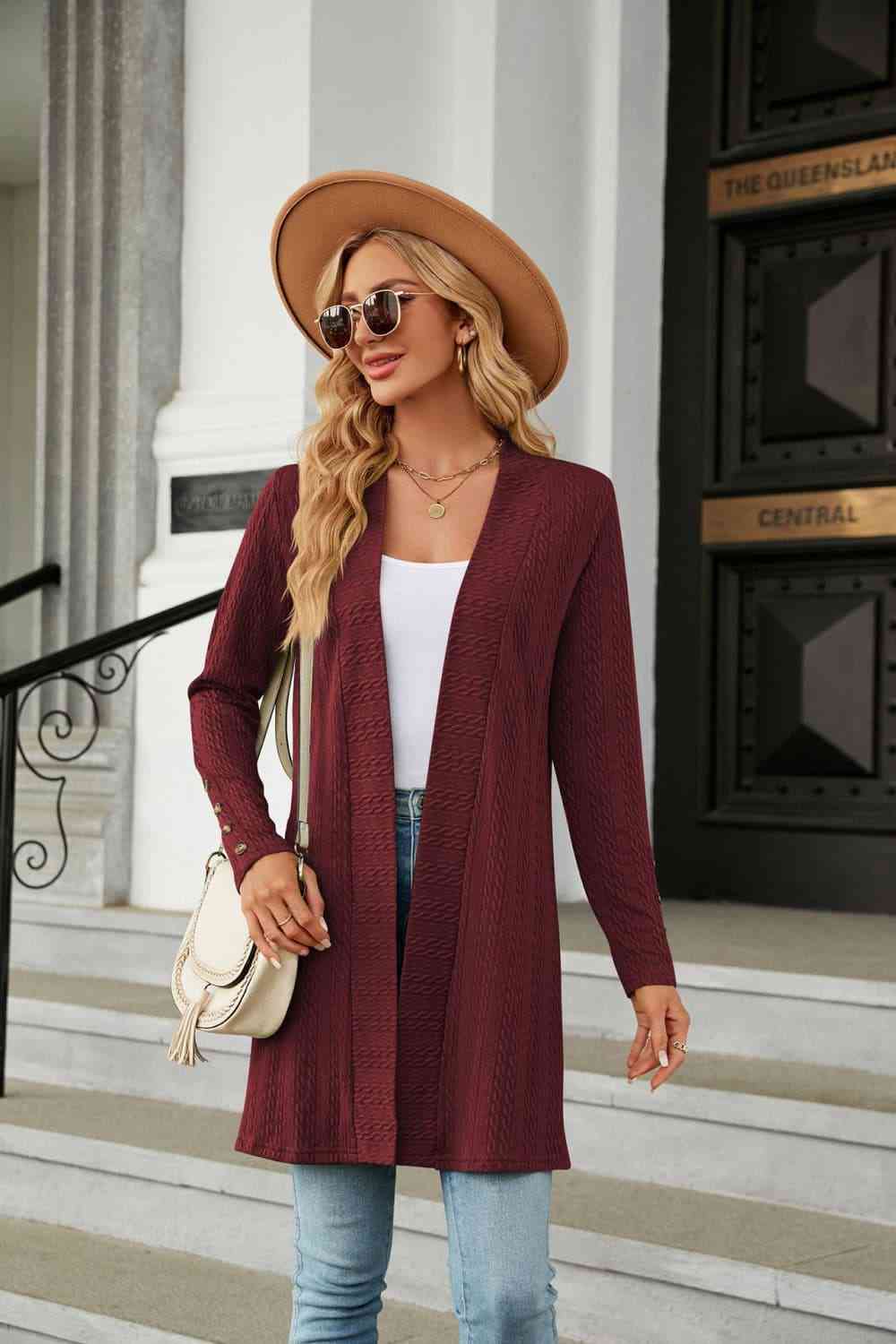 Long Sleeve Open Front Cardigan Wine