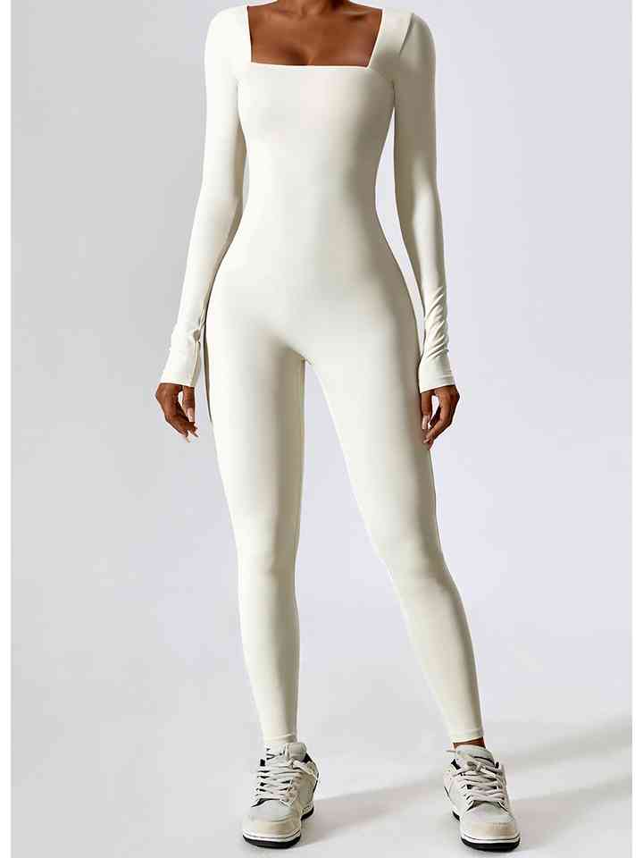 Square Neck Long Sleeve Sports Jumpsuit White