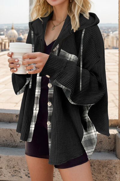 Plaid Waffle-Knit Drawstring Hooded Jacket Black