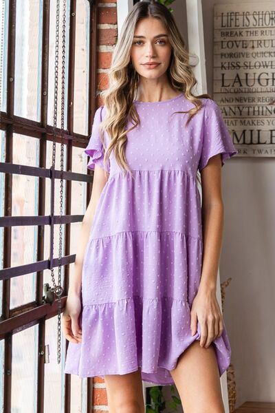 Heimish Full Size Swiss Dot Short Sleeve Tiered Dress LILAC