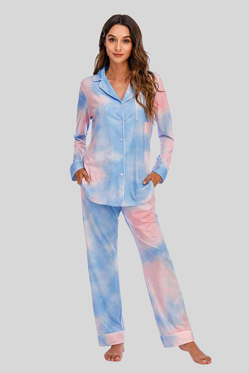 Collared Neck Long Sleeve Loungewear Set with Pockets Multicolor