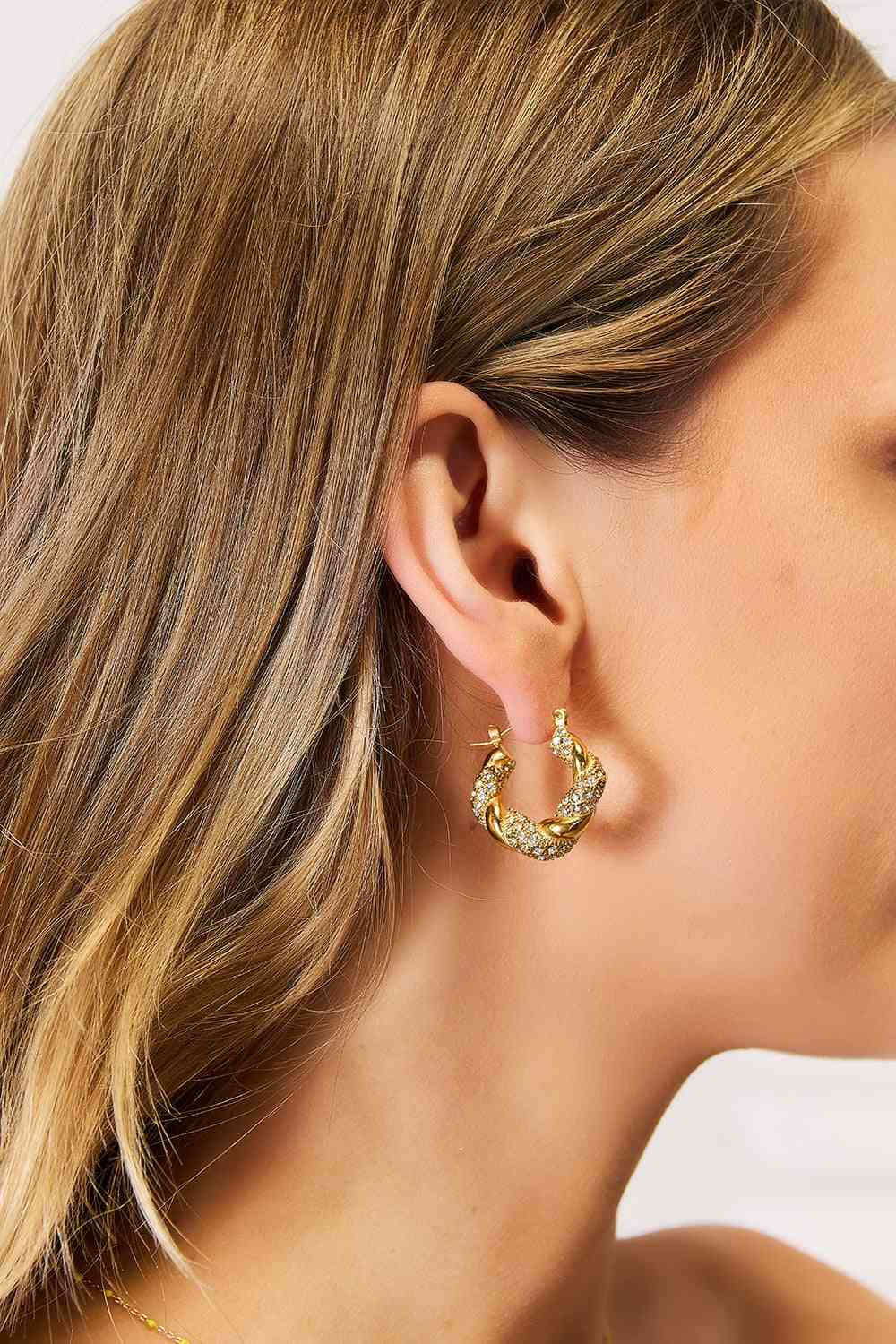Adored Rhinestone Twist Detail Hoop Earrings Gold One Size