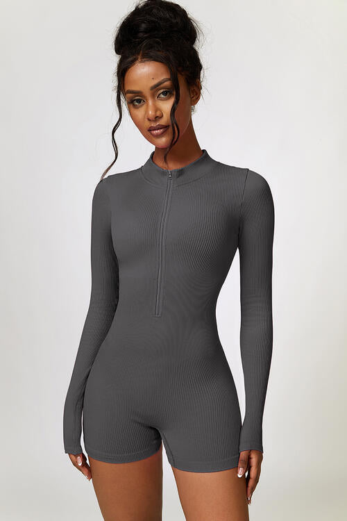 Half Zip Long Sleeve Active Romper Charcoal