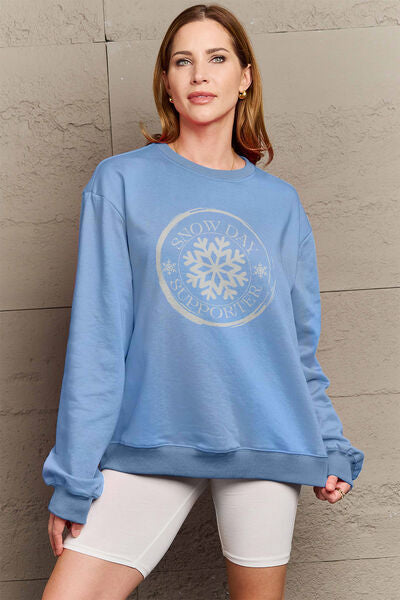 Simply Love Full Size SNOW DAY SUPPORTER Round Neck Sweatshirt Misty Blue