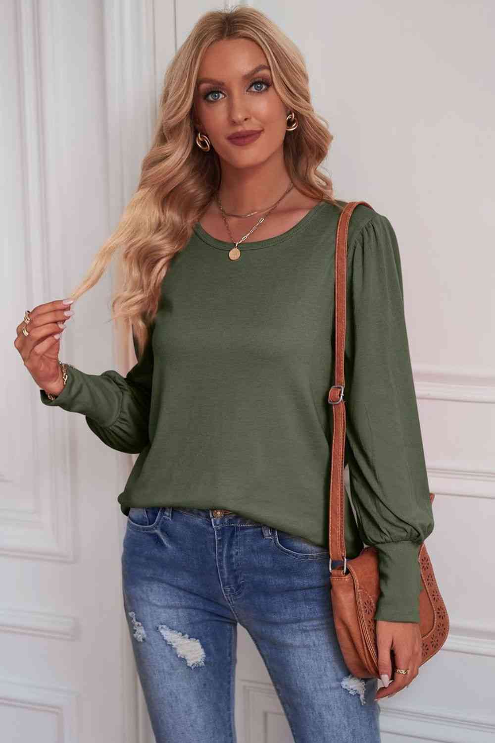 Round Neck Puff Sleeve T-Shirt Matcha Green