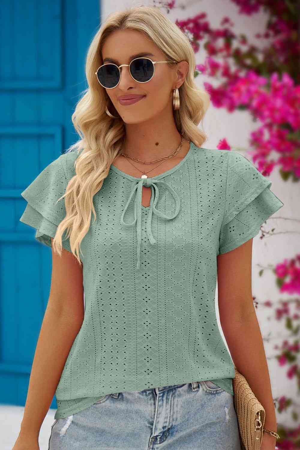 Eyelet Tie-Neck Flutter Sleeve Blouse Gum Leaf