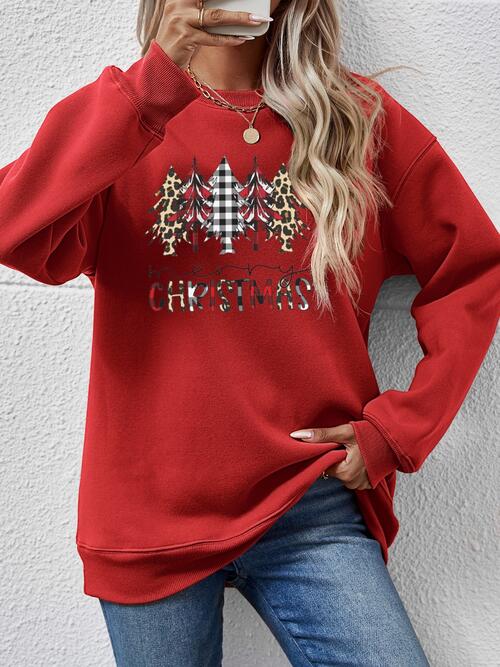 MERRY CHRISTMAS Round Neck Long Sleeve Sweatshirt Deep Red