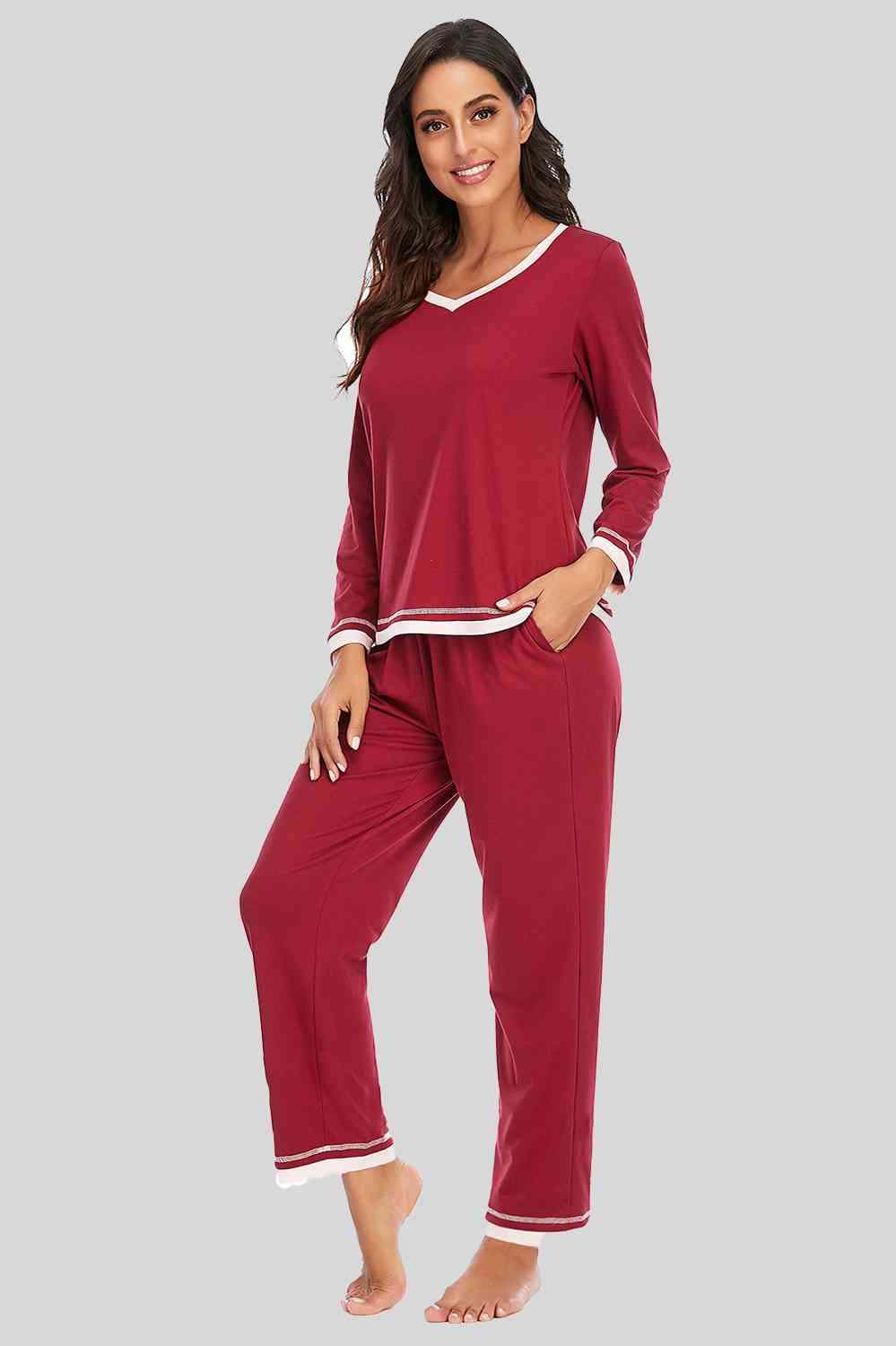 V-Neck Top and Pants Lounge Set Wine