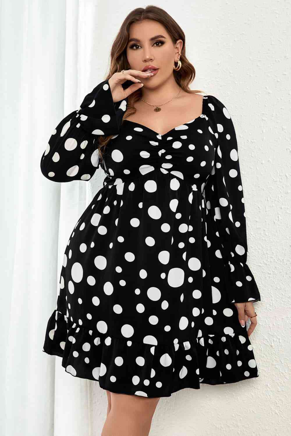 Melo Apparel Plus Size Polka Dot Sweetheart Neck Flounce Sleeve Mini Dress Black