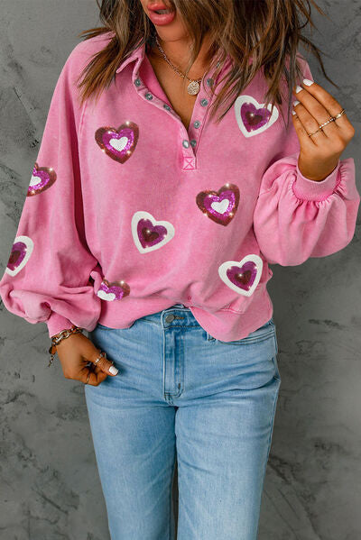 Heart Sequin Half Snap Mineral Wash Sweatshirt Carnation Pink