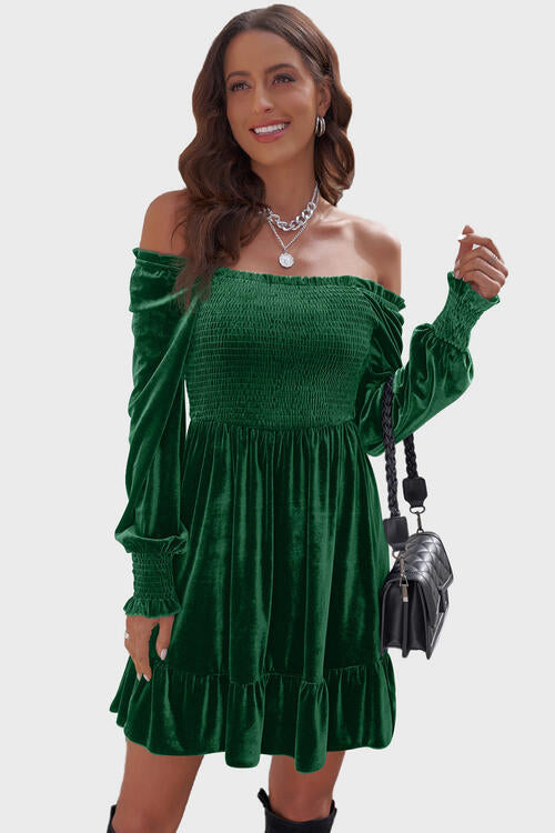 Square Neck Smocked Ruffle Hem Dress Green