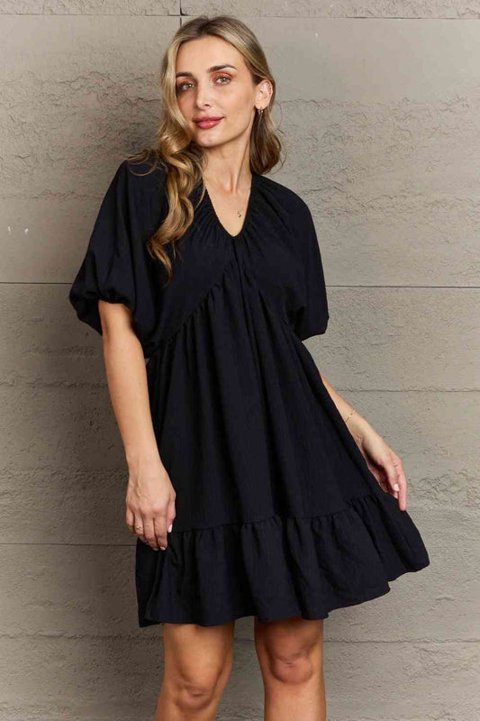 Hailey & Co Comfort Cutie Double V-Neck Puff Sleeve Mini Dress Black