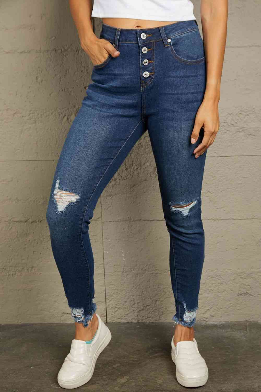 Baeful Distressed Button Fly Skinny Jeans Dark Wash