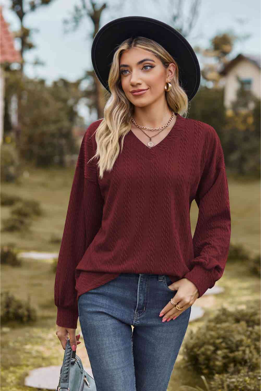 V-Neck Dropped Shoulder Blouse Wine