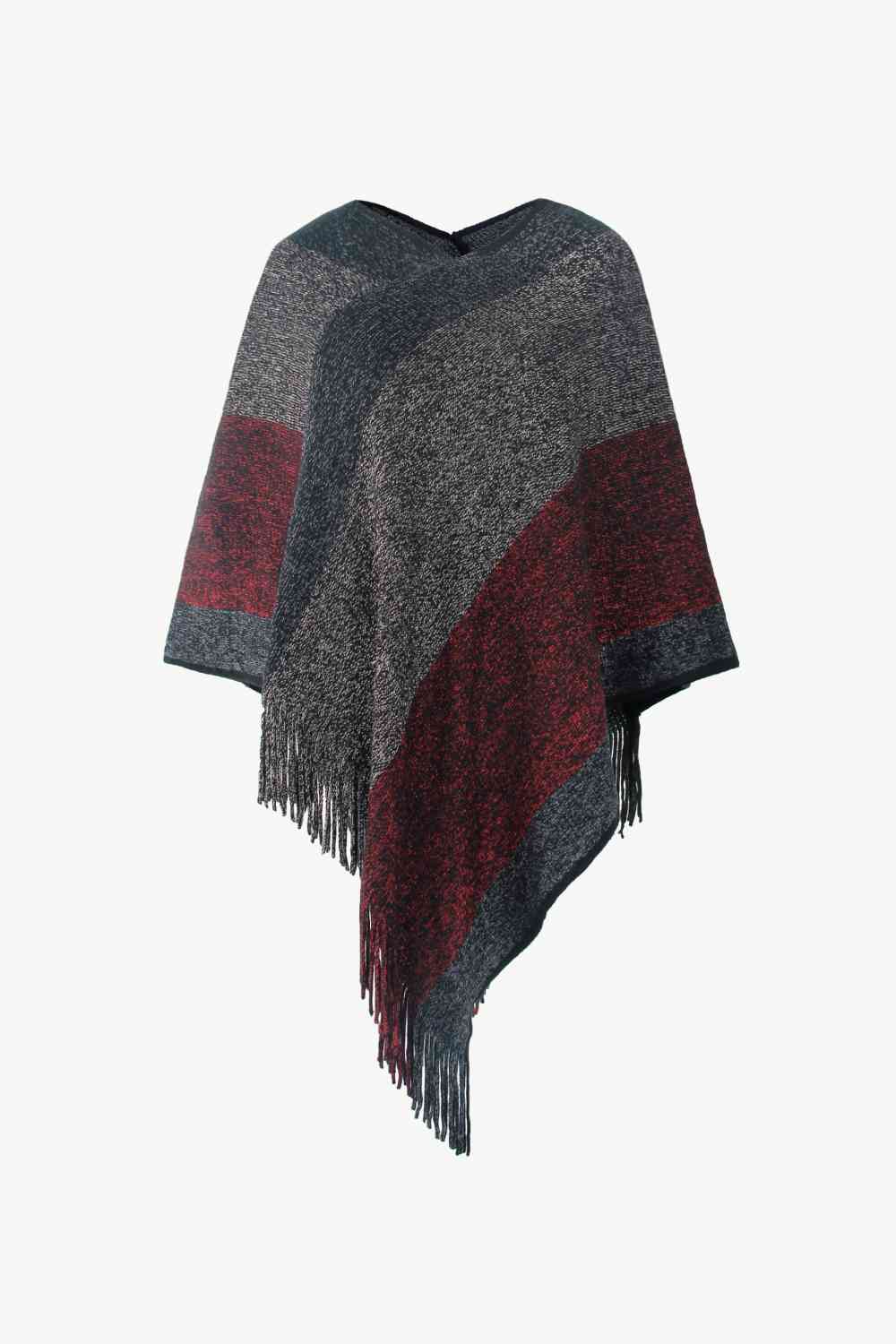 Color Block Fringe Hem Poncho Wine One Size